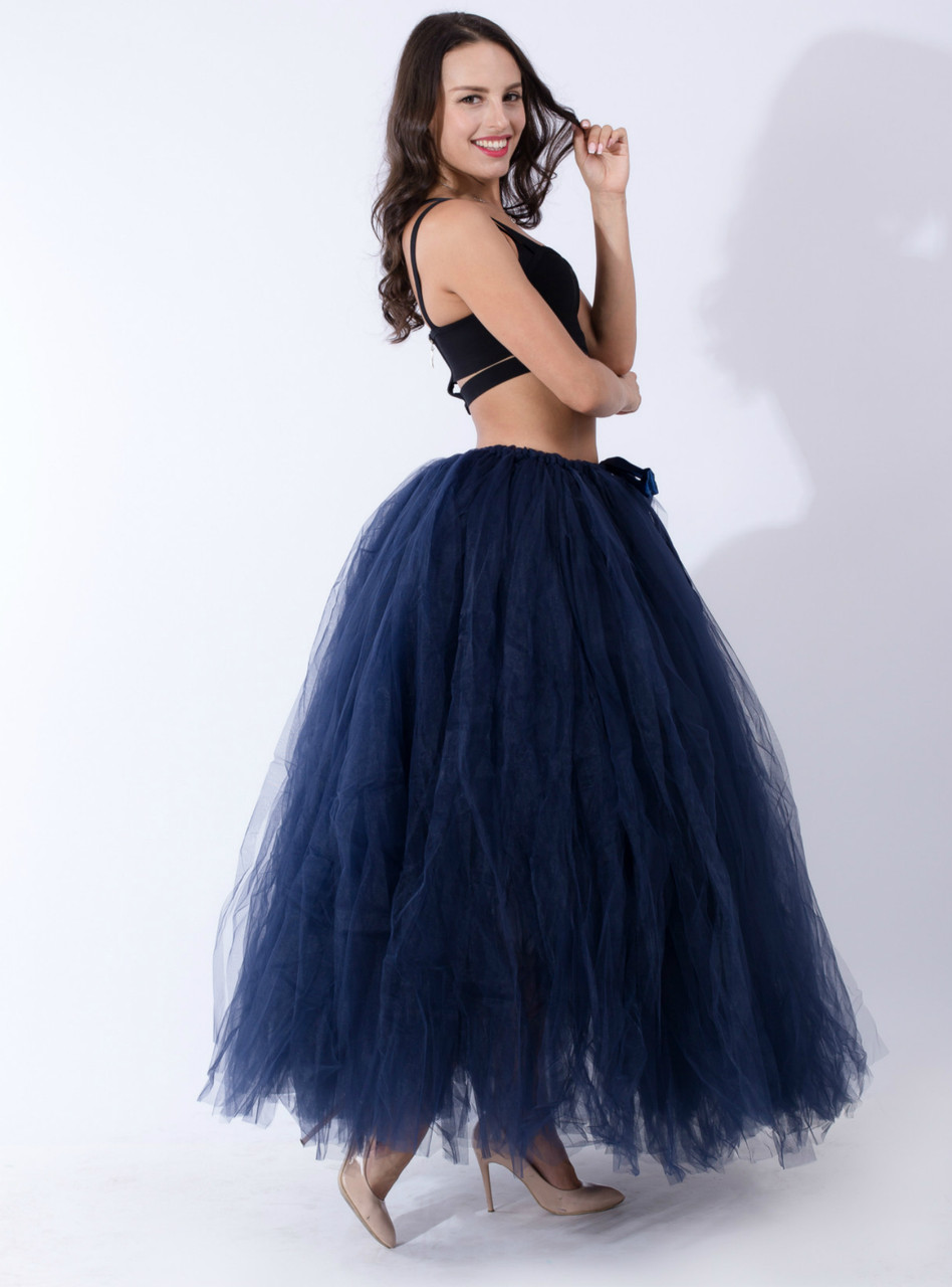 navy blue tutu dress Navy Strapless Puffy Midi Tulle Dress XS / 2 / Navy