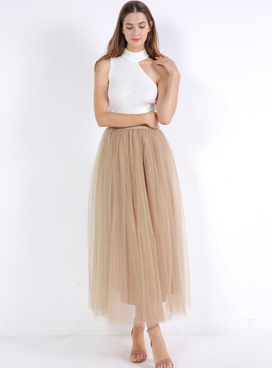 khaki tulle maxi skirt