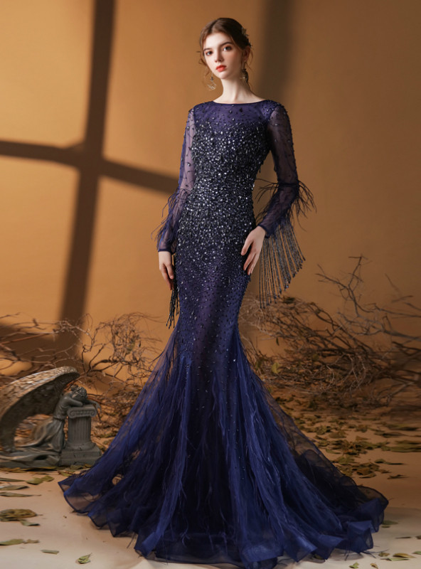 Dark Blue Mermaid Long Sleeve Feather Beading Prom Dress - Kemedress