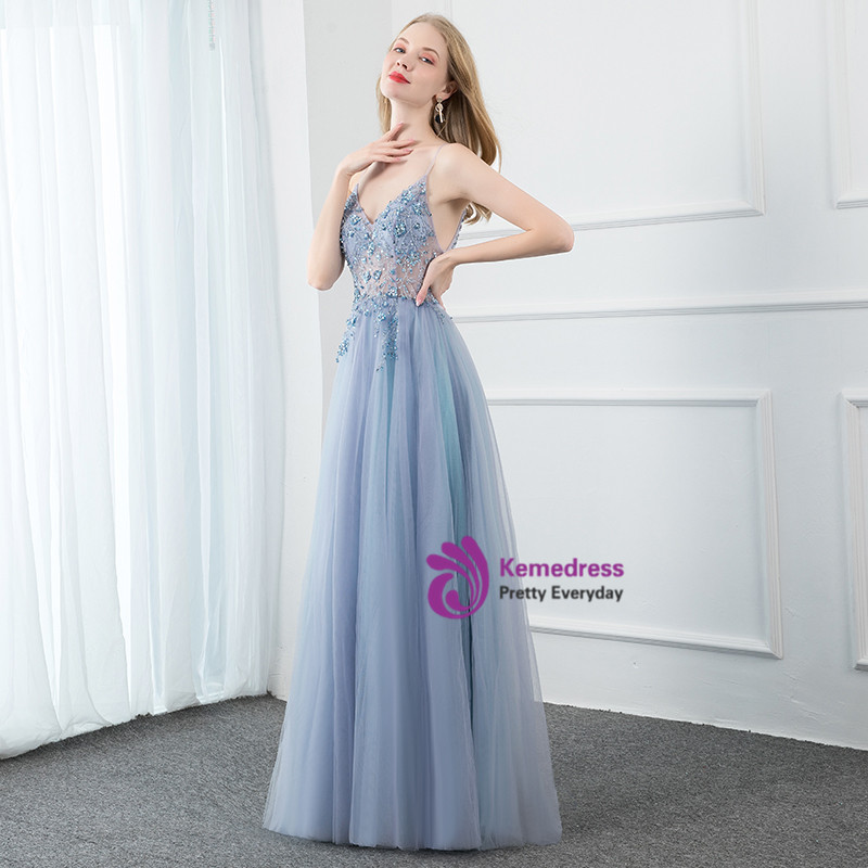 V-neck Spaghetti Straps Tulle A-line Mini Dress Royal Blue
