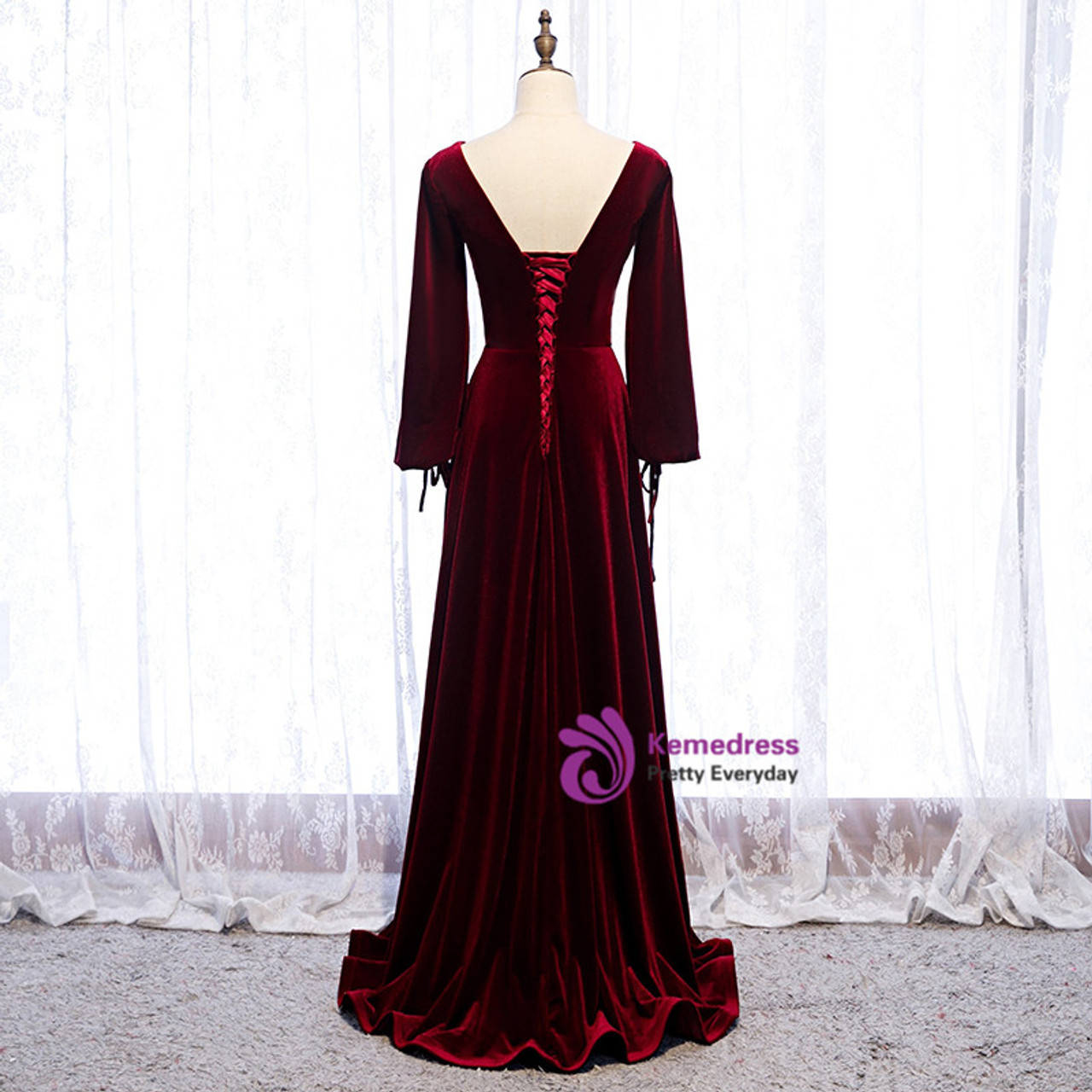 Dark Burgundy Velvet Long Sleeve V-neck Pleats Prom Dress