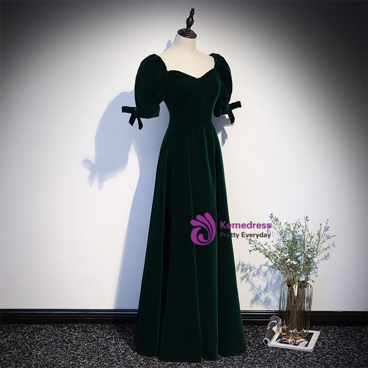 Dark Green Velvet Square Puff Sleeve Prom Dress