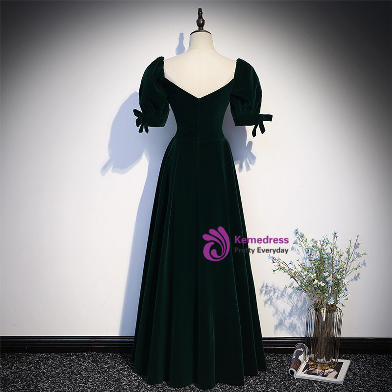 Dark Green Velvet Square Puff Sleeve Prom Dress