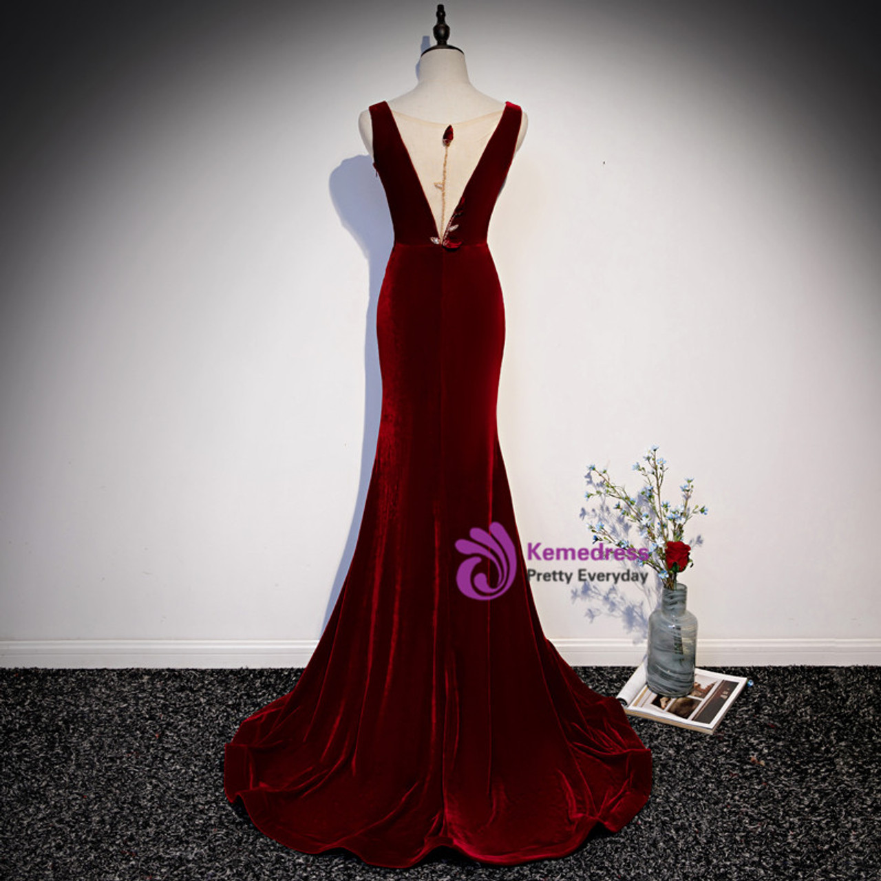 Burgundy Mermaid Velvet See Through V-neck Prom Dress