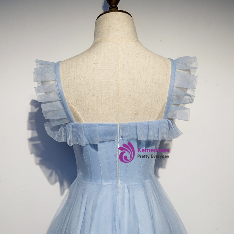 A Line Straps Appliques Tulle Blue Prom Dress LBQ3057 main image 1