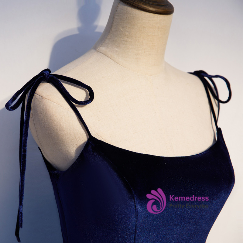 Navy Blue Halter Front Slit Spaghetti Straps A-Line Tulle Prom Dress main image 1