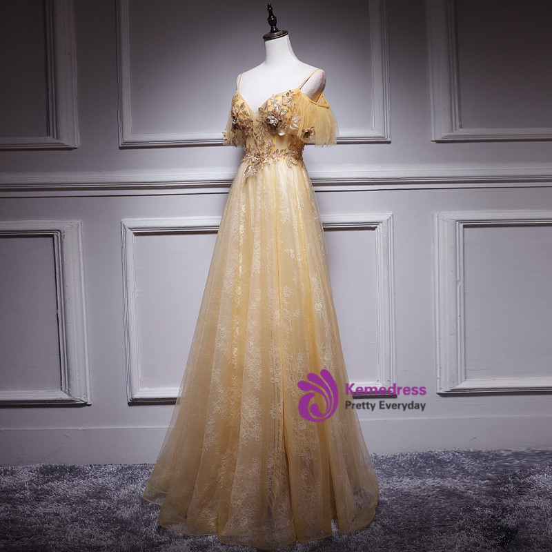Appliques Backless Yellow Tulle Spaghetti Straps Prom Dress main image 1