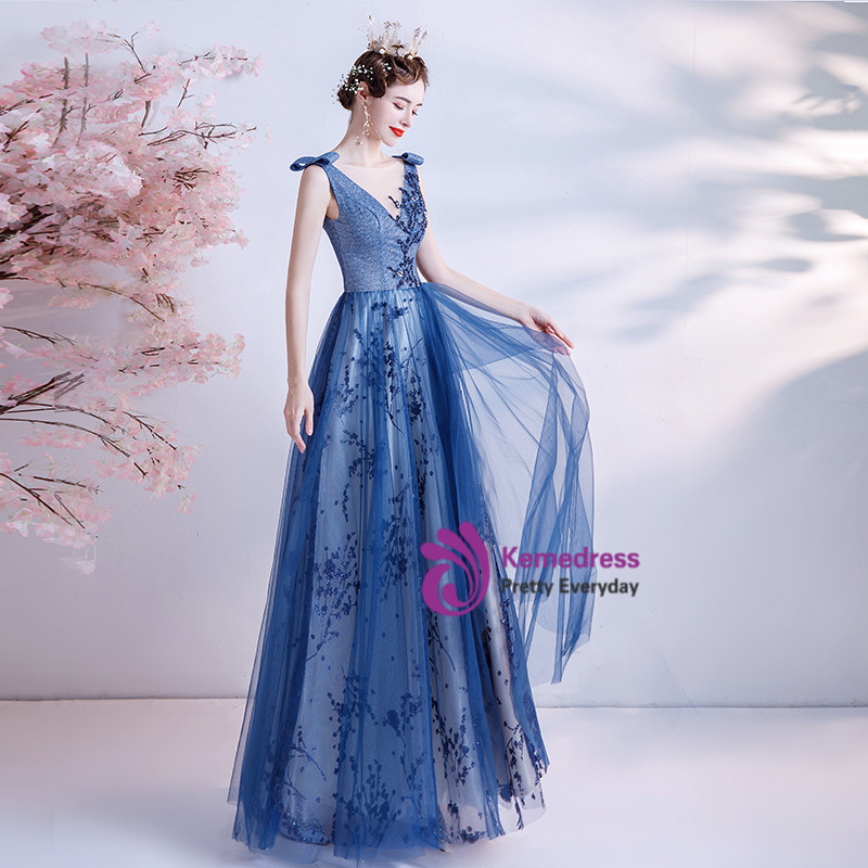 Gorgeous Blue Tulle Sequins Beaded Evening Dress,Shiny Formal Prom Dress Y8352 main image 1