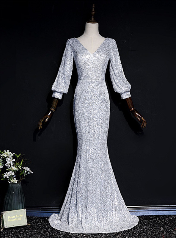 chinese dress ladies Long Sleevess Lace Appliques Illusion Fur Train Mermaid Silver Prom Dr –  Ballbella