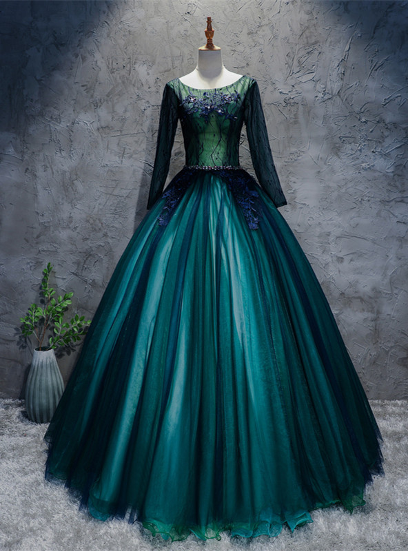 emerald green velvet skater dress Dark Green Long Sleeve Ball Gown Prom Dress with Beads Quinceañera Gown -Bridelily main image 1