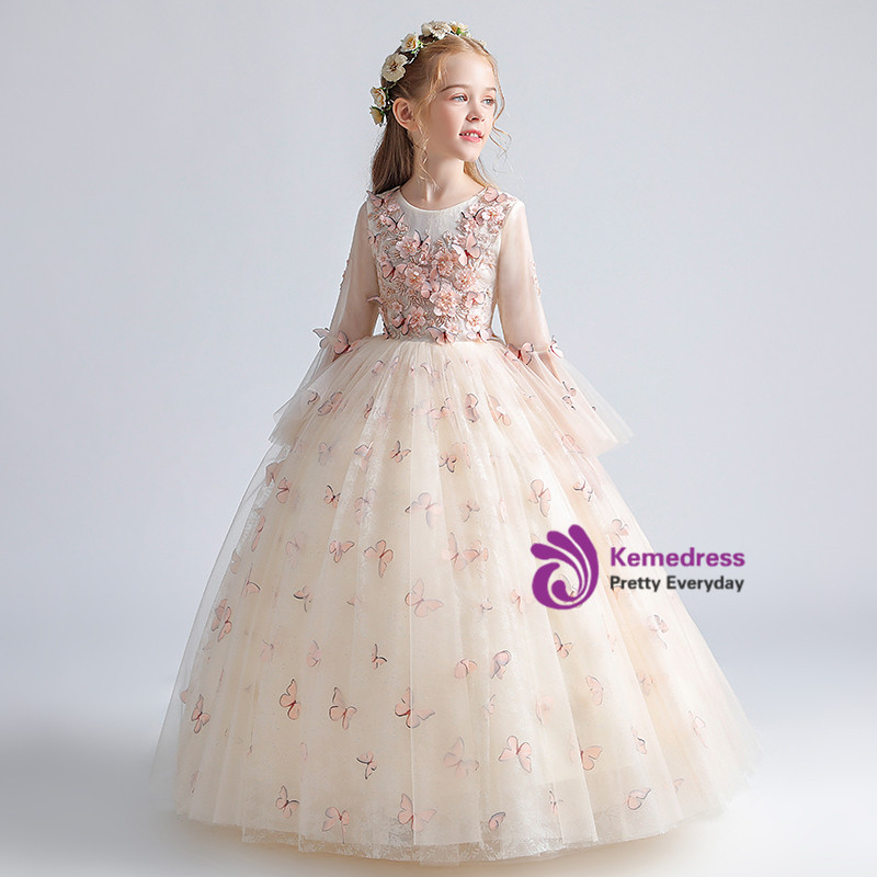 Cute Lace Short Sleeves Tulle Butterfly Flower Girl Dress OF135