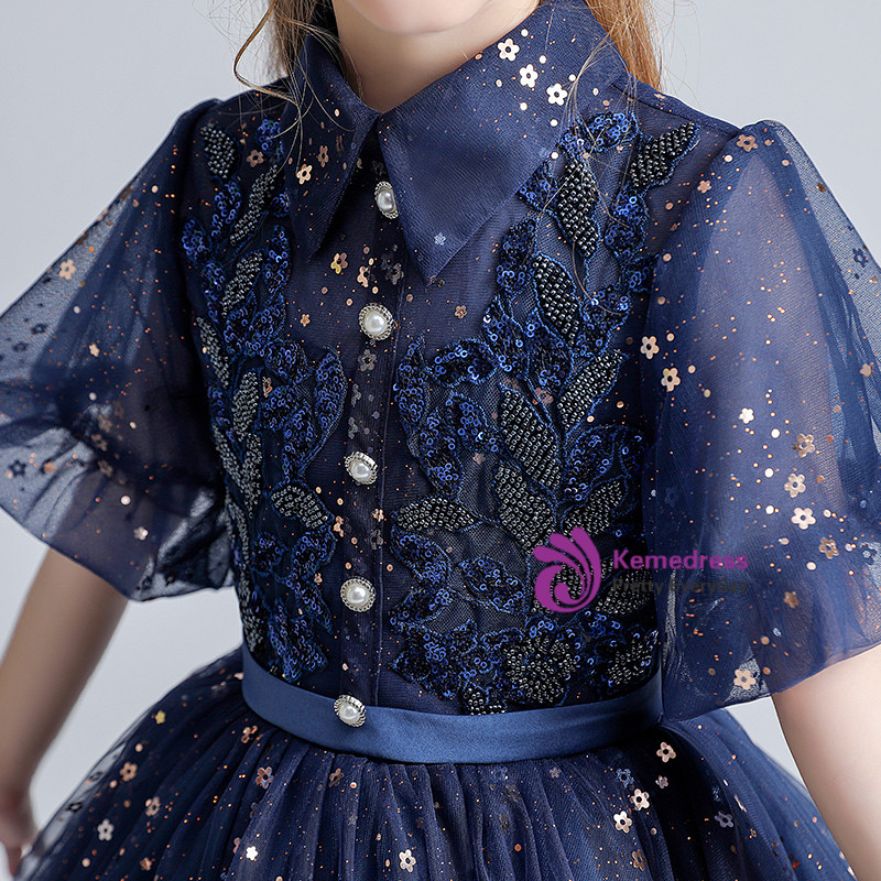 Navy Blue Sequin Velvet A-Line Flower Girl Dress main image 0