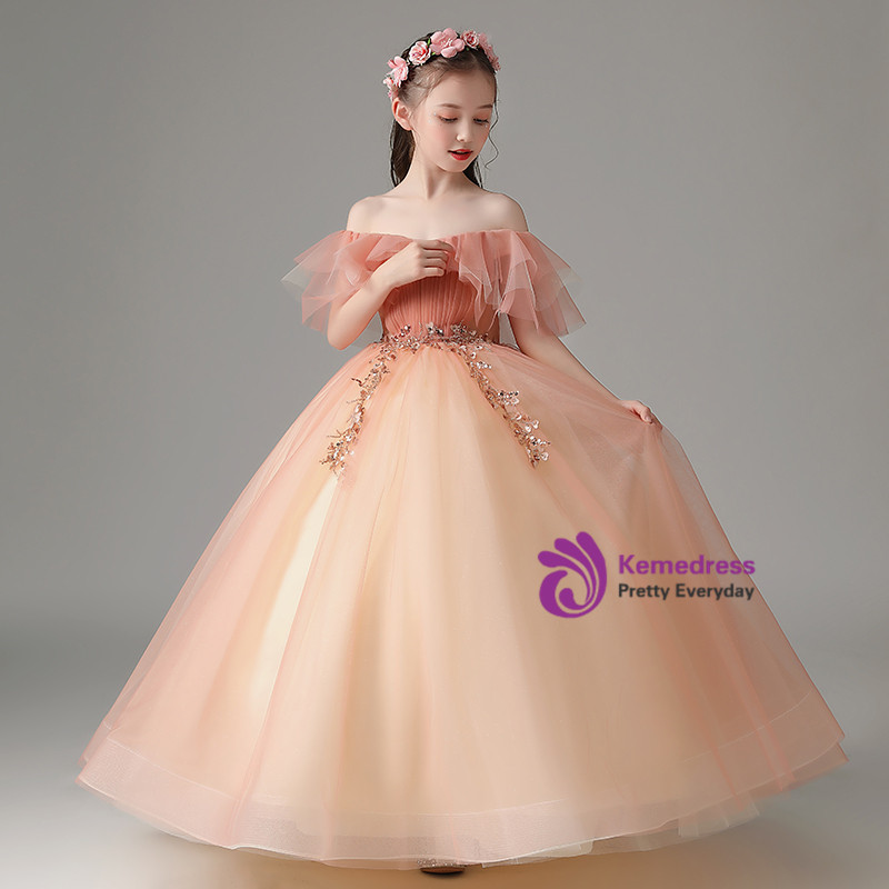 Pink Cute Off-the-shoulder Pink Tulle Flower Girl Dress