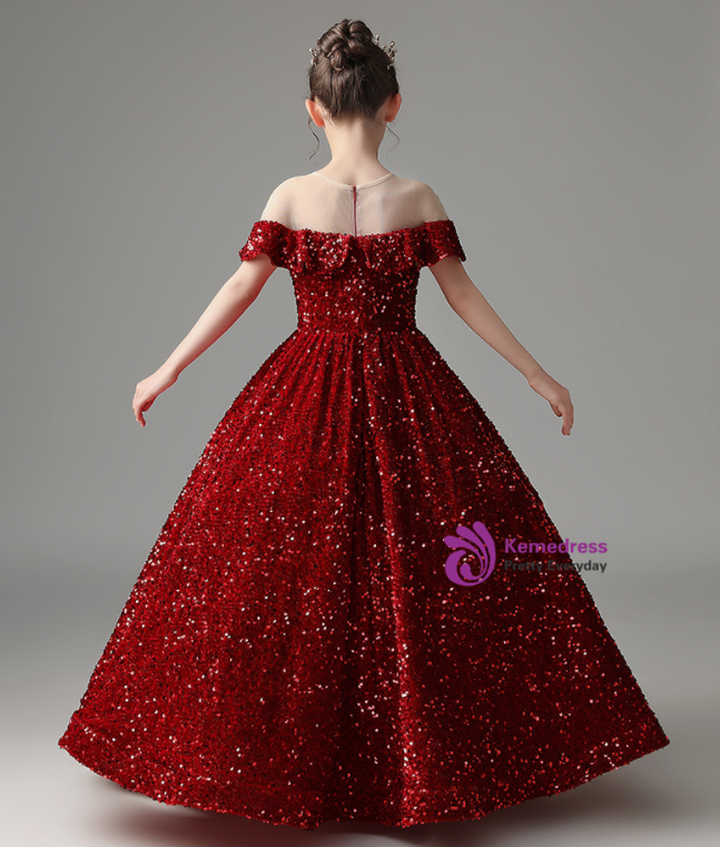Burgundy Ball Gown Sequins Flower Girl Dress