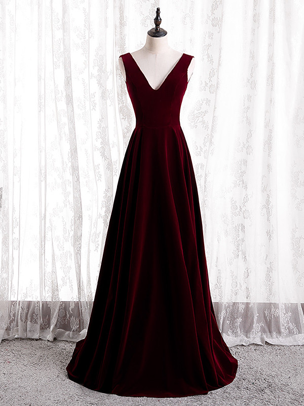 blue dress for baby girl A Line V Neck Backless Burgundy Satin Long Prom Dress with Double Slit –  abcprom main image 0
