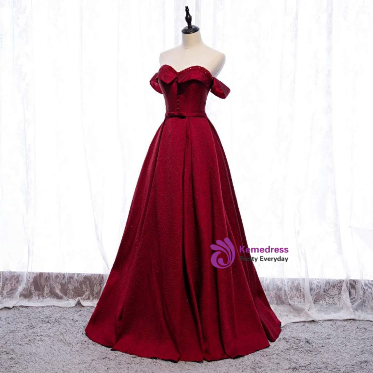 Burgundy Satin Off the Shoulder Beading Prom Dress