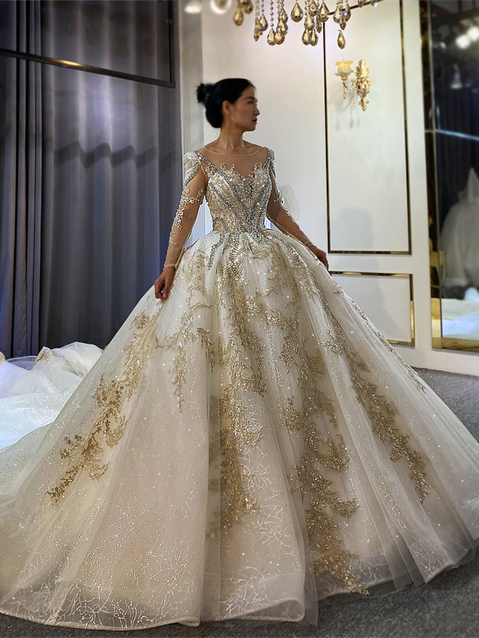 Timeless Ball Gown Satin Tulle Sequin Beaded Long Sleeves Long Wedding Dresses