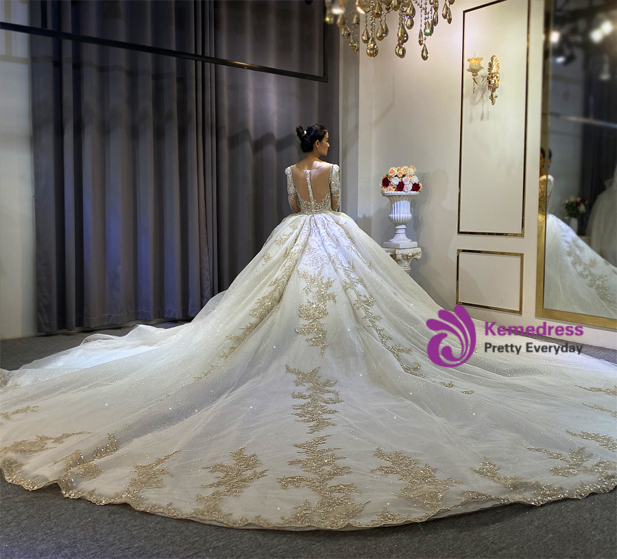Elegant Sequin Tulle Jewel Beading Ball Gown Wedding Dress