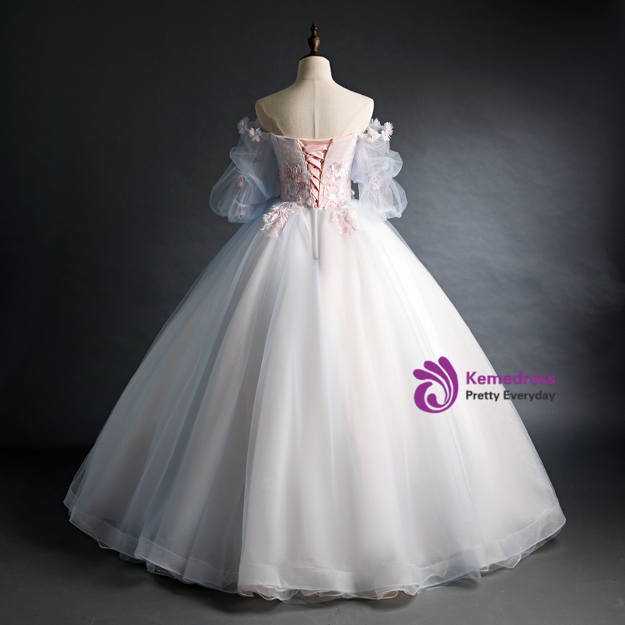 Blue Gray Tulle Puff Sleeve Appliques Quinceanera Dress