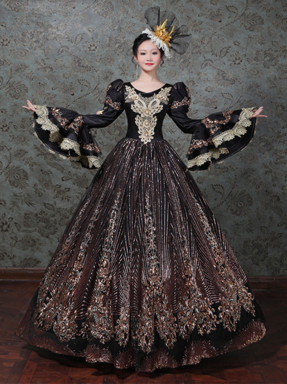 Black Sequins Long Sleeve Appliques Rococo Baroque Dress