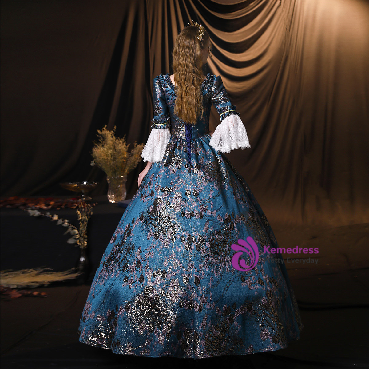 Blue Ball Gown Long Sleeve Baroque Victorian Dress