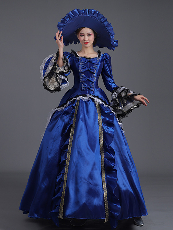 Royal blue satin Rococo ball gown with square neckline, long sleeves, lace cuffs and matching ruffled hat
