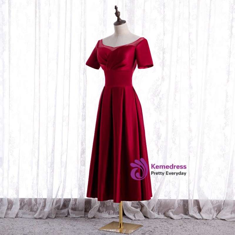 Burgundy Satin Short Sleeve Pleats Backless Short Prom Dress
