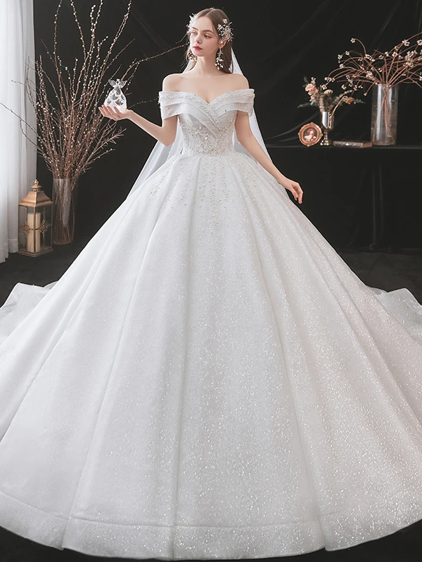 White off the shoulder ball gown with layered tulle skirt and long train