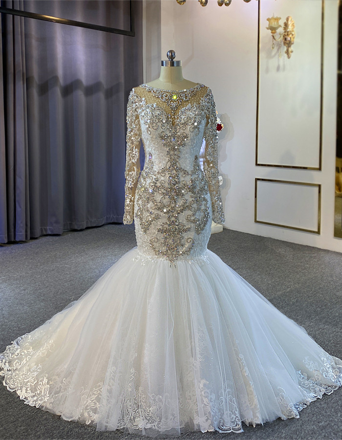 knee length dresses for ladies Elegant Satin Wedding Dress with Sheer Long Sleeves and Crystal Accents 14 / Solid Ivory main image 0