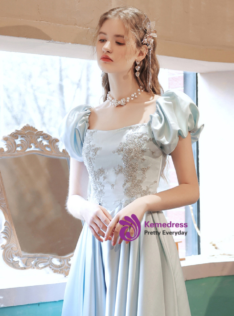 In Stock:Ship in 48 Hours Blue Satin Puff Sleeve Appliques Prom Dress
