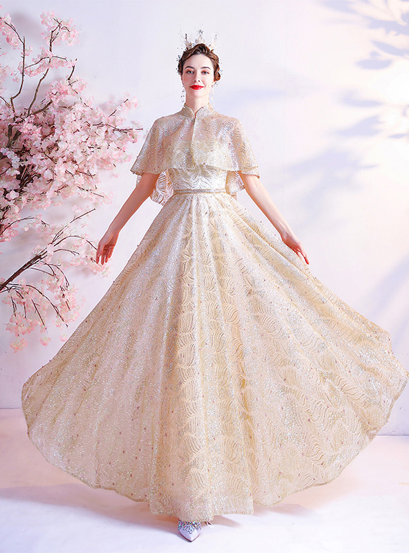 In Stock:Ship in 48 Hours Gold Sequins Prom Dress With Shawl