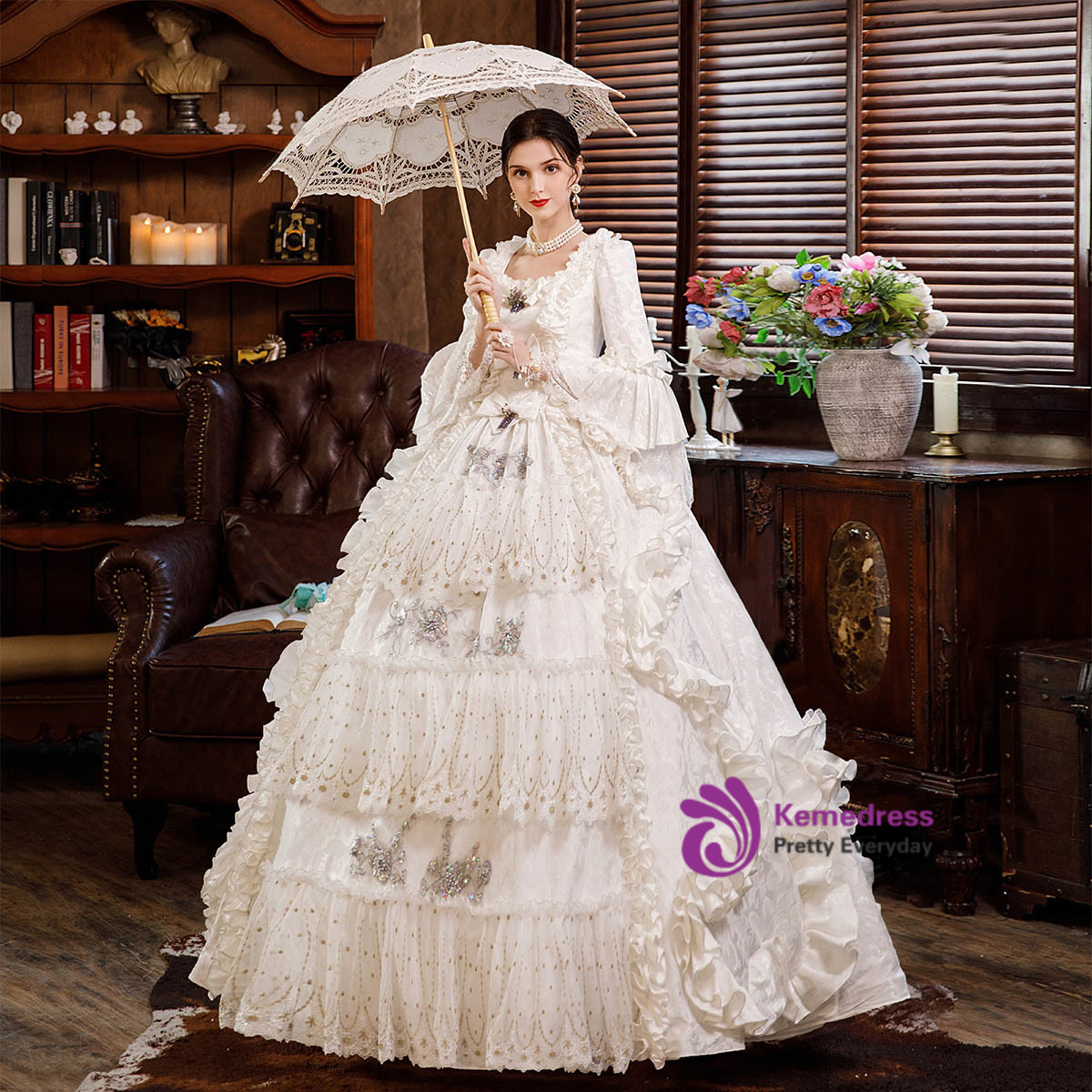 White Ball Gown Square Victorian Vintage Dress