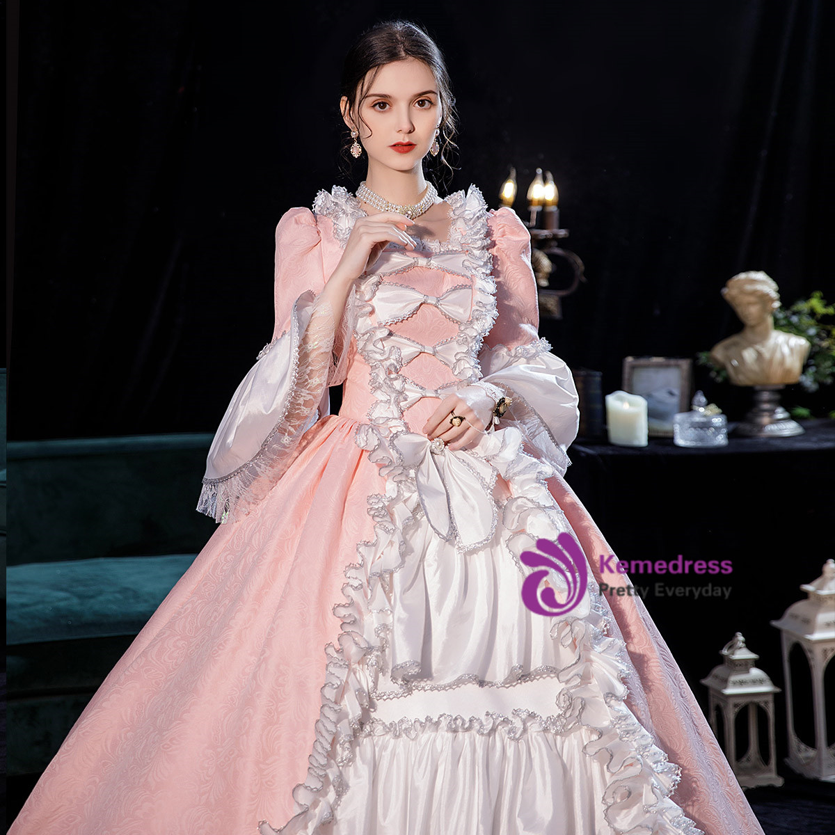 Pink White Satin Bow Long Sleeve Baroque Victorian Dress