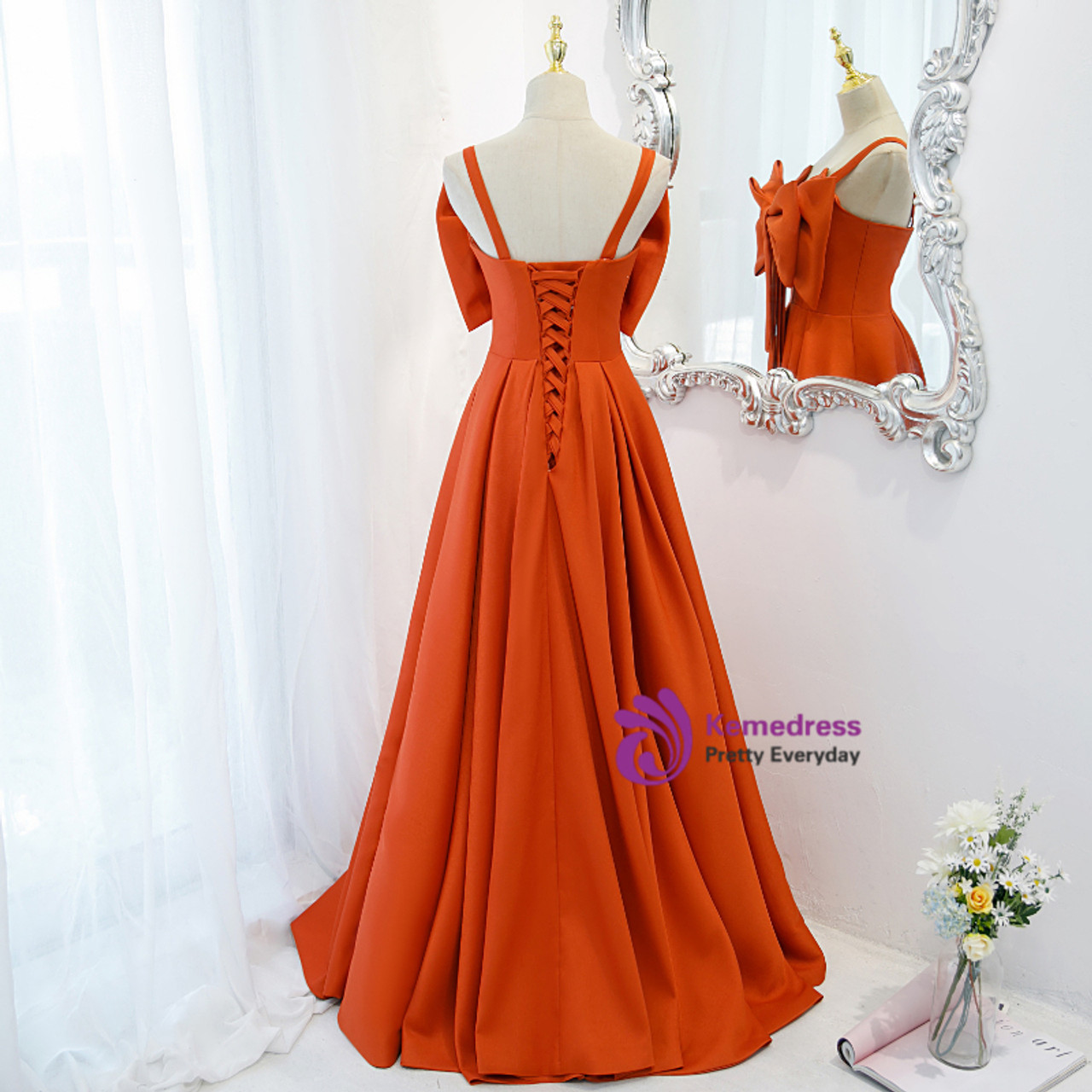 Orange Sapghetti Straps Bow Long Prom Dress