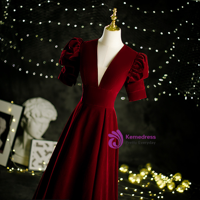 Seraphic | Burgundy Velvet Puff-Sleeve Midi Dress