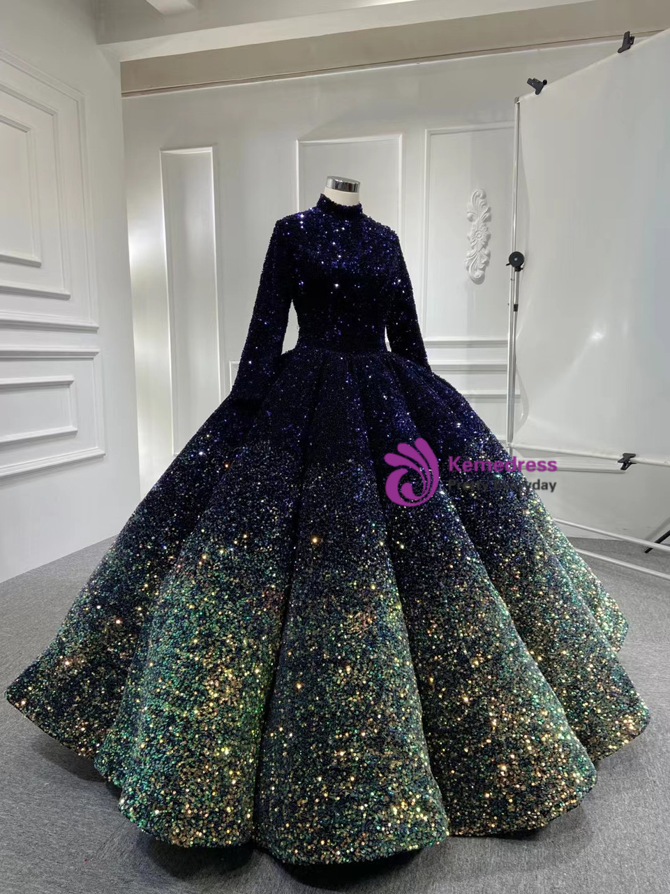 blue and green sequin prom dress Long Prom Dress with Contrasting Sequin Print main image 0