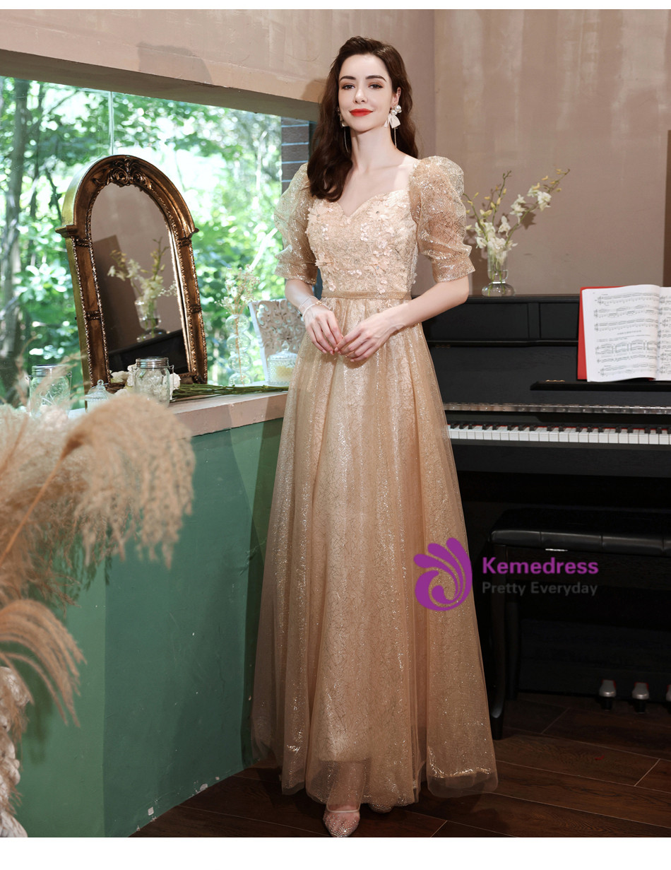 14129 Gold Puff Sleeve Shiny Dress