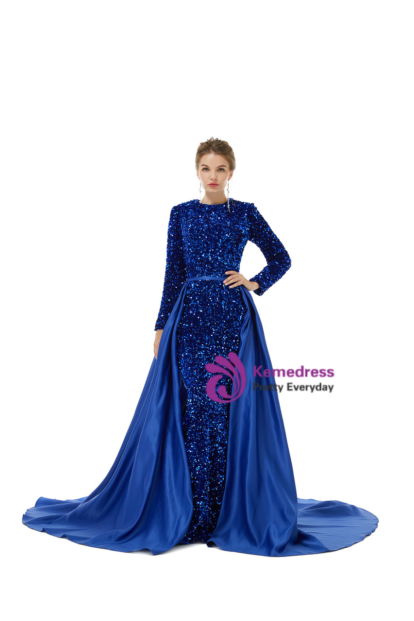 Royal Blue Mermiad Sequins Long Sleeve Prom Dress