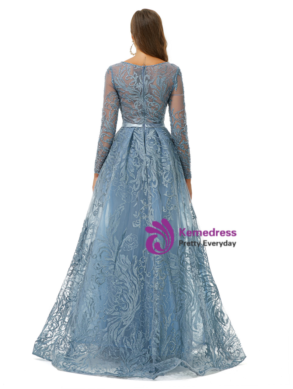 Fashion A-Line Blue Tulle Beading Prom Dress
