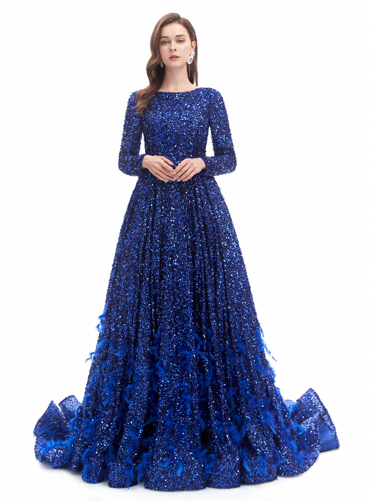 Royal Blue Sequins Long Sleeve Feather Prom Dress Royal Blue Sequins Long Sleeve Feather Prom Dress