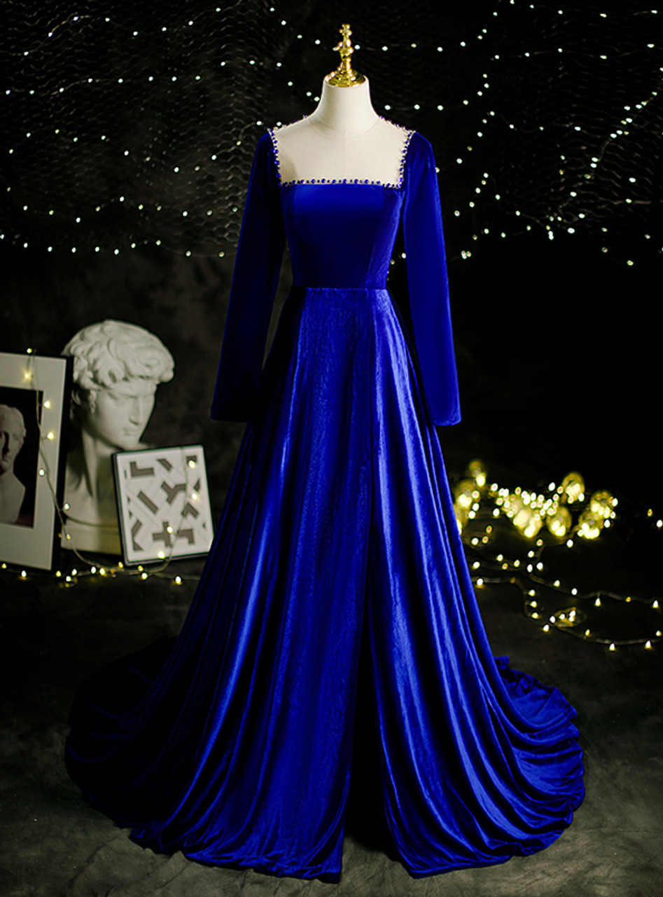 Royal Blue Velvet Long Sleeve Pearls Prom Dress