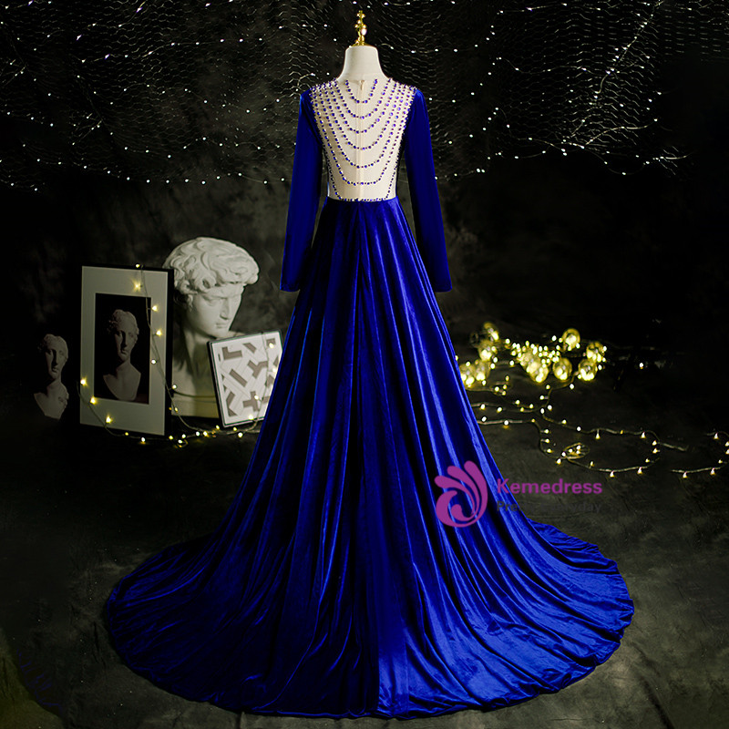 blue dress for baby girl Royal Blue Velvet Prom Dresses with Plunging V-Neck, Short Sleeve & Co –  Viniodress main image 0