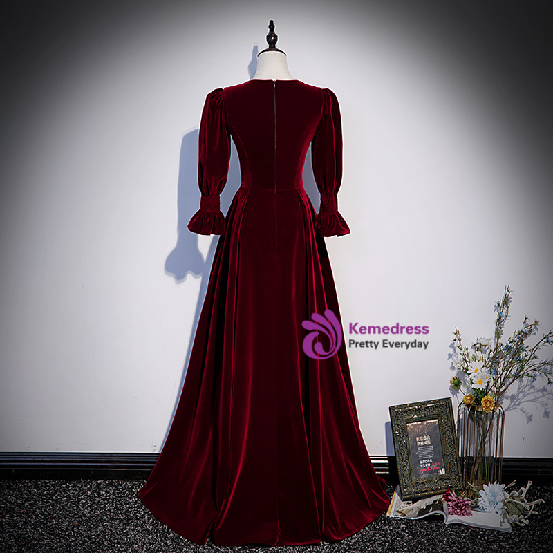 Burgundy V-Neck Velvet Long Sleeves Side Slit Prom Dress with Belt main image 1