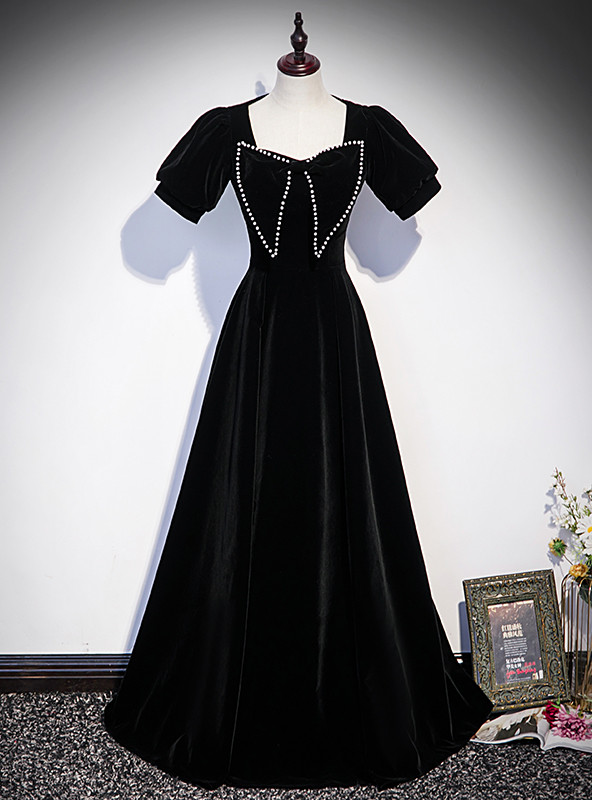 black velvet short sleeve dress Pearls Prom Crew neckline sweet-heart Green Birthday Dresses Color:As picture