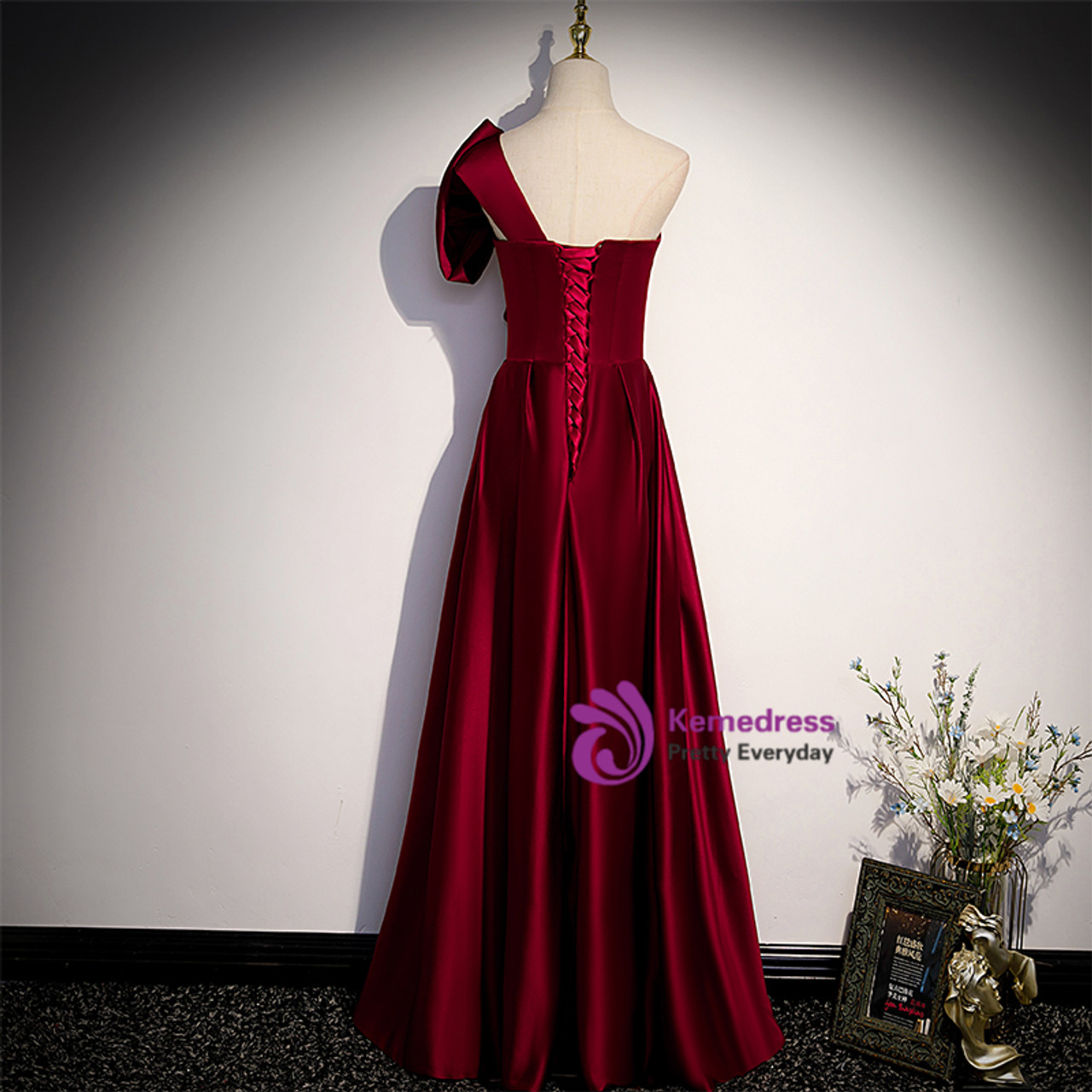 Burgundy Satin One Shoulder Bow Prom Dress