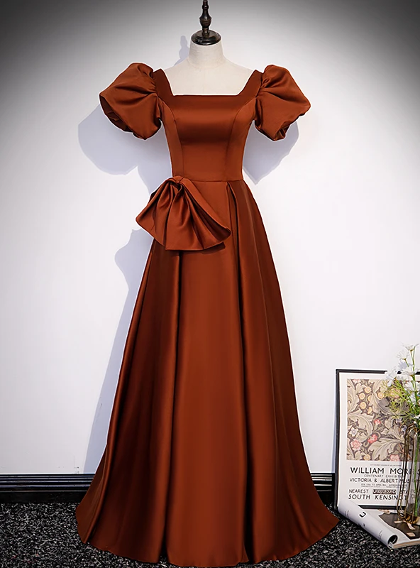 Brown satin A line prom dress with square neckline puff sleeves and large waist bow