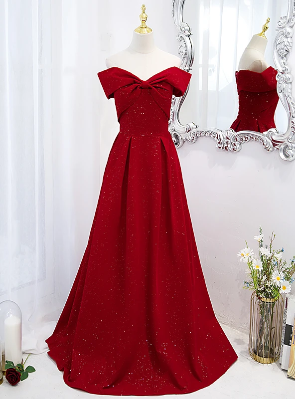 Burgundy off the shoulder prom dress with oversized front bow and A line skirt