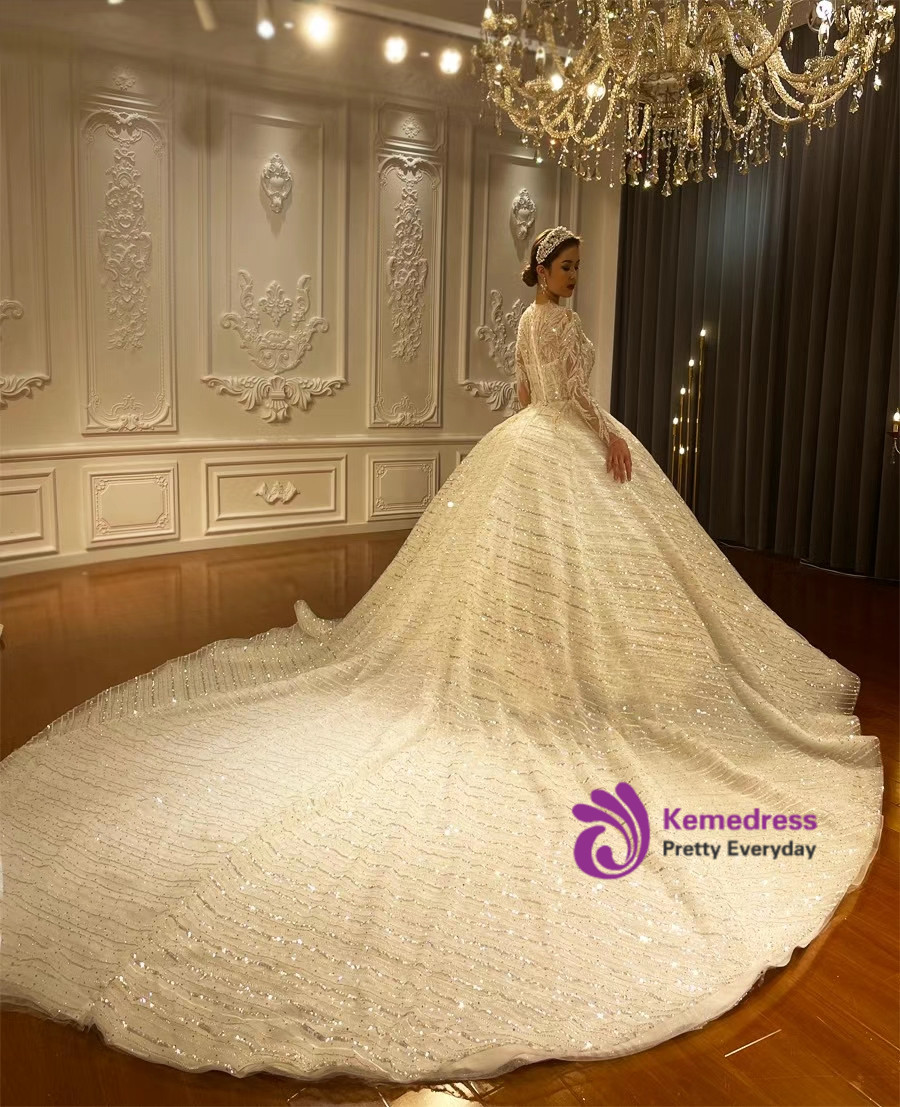 Dubai Luxury Sequins Beading Long Sleeve Wedding Dress