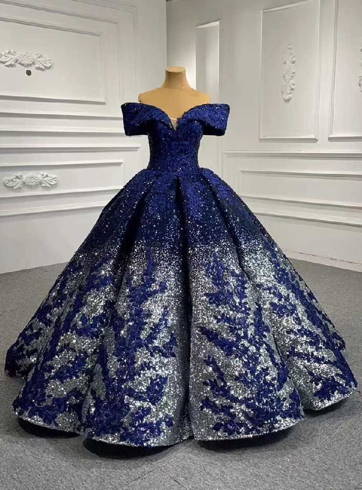 Blue silver sequin ball gown with off shoulder bodice and full skirt
