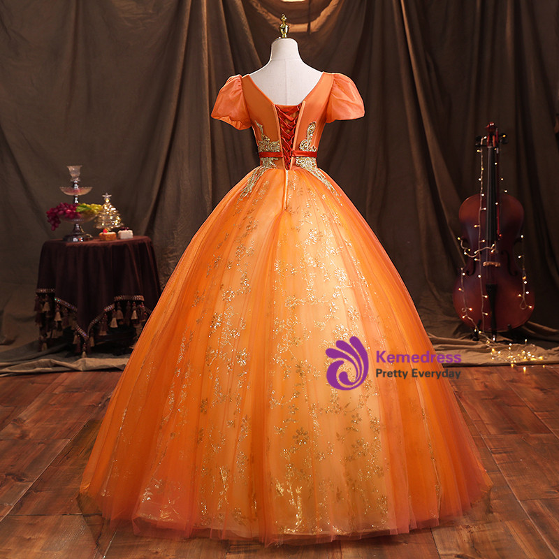 Orange Tulle Sequins Appliques Quinceanera Dresses